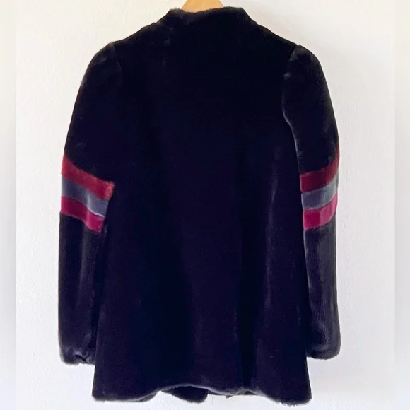 Vintage 80s Black Faux Fur Teddy Coat Colorblock Stripe Size Medium - Picture 6 of 12